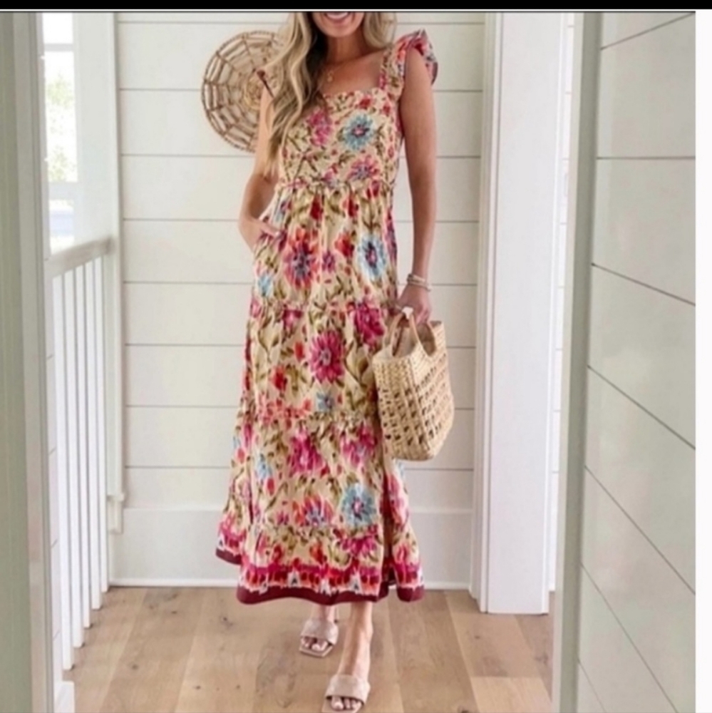 House of Harlow 1960 Zoey Khaki Ruched Flutter Smocked Dress